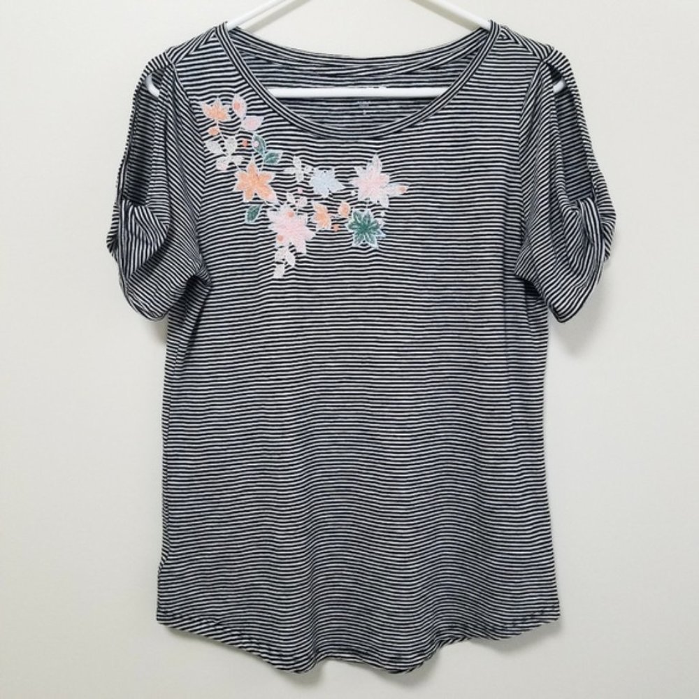 LOFT | Floral Embroidered Striped T-Shirt Tee S